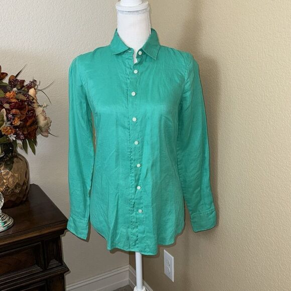 J. Crew the Perfect Shirt in Green Linen Button Down Sz 00 - Picture 3 of 4